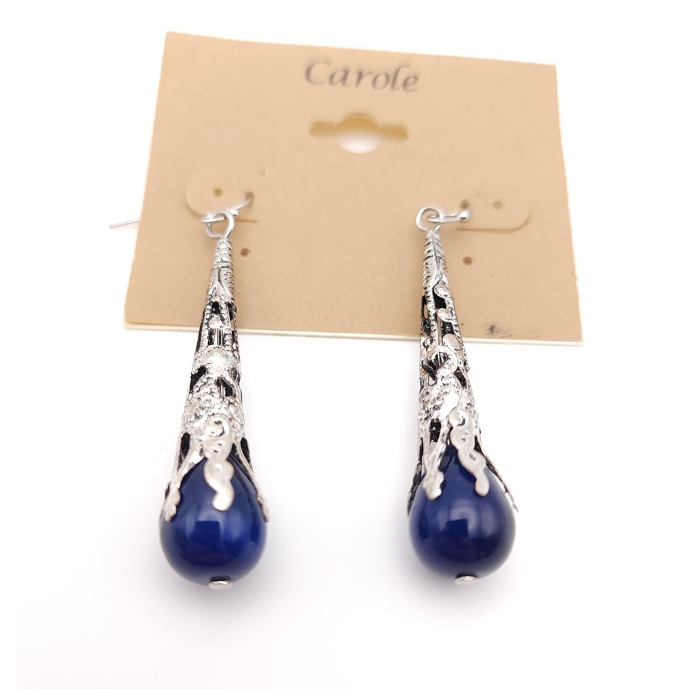 Carole Blue Cat Eye Glass Earrings Silver Filigree Long Drop‎